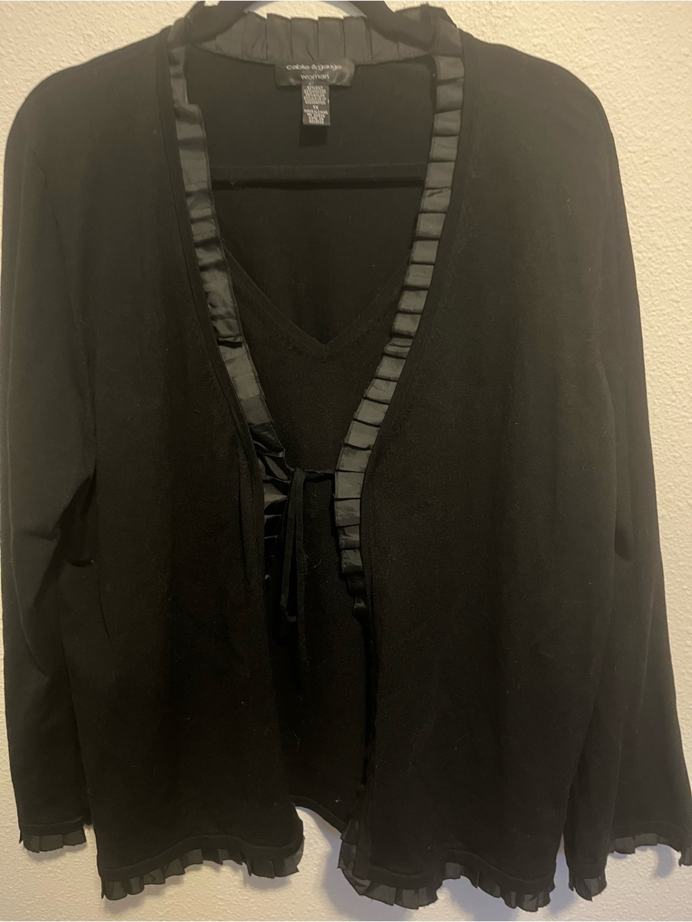 Cable & Gauge Black Women's Cardigan with Satin Ribbon Trim